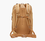 Back view of tan hiking backpack with padded back panel, adjustable shoulder straps, sternum strap, and padded hip belt.