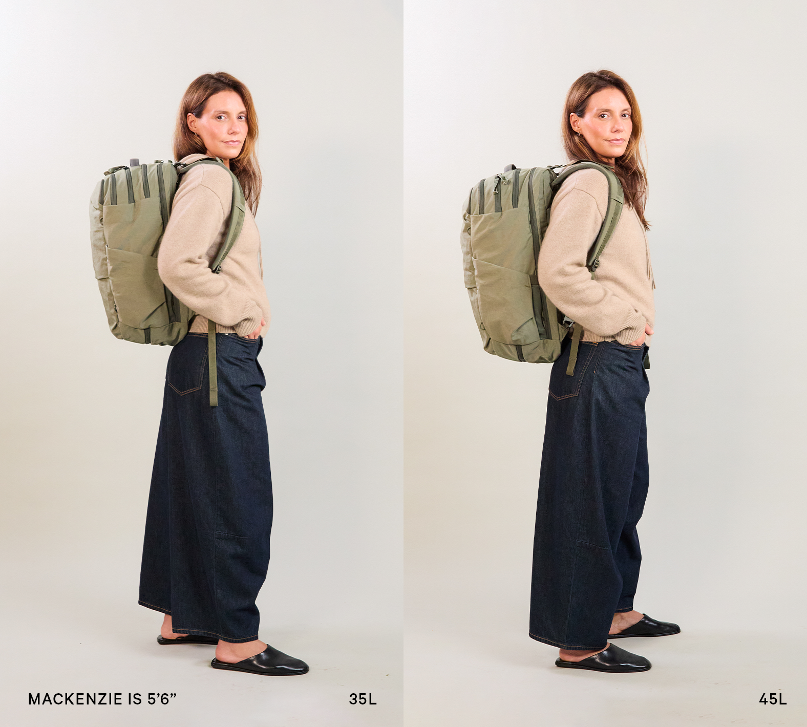Side view of Pakt One Travel Backpack in cypress on model Mackenzie (5'6") showing 35L and 45L size comparison