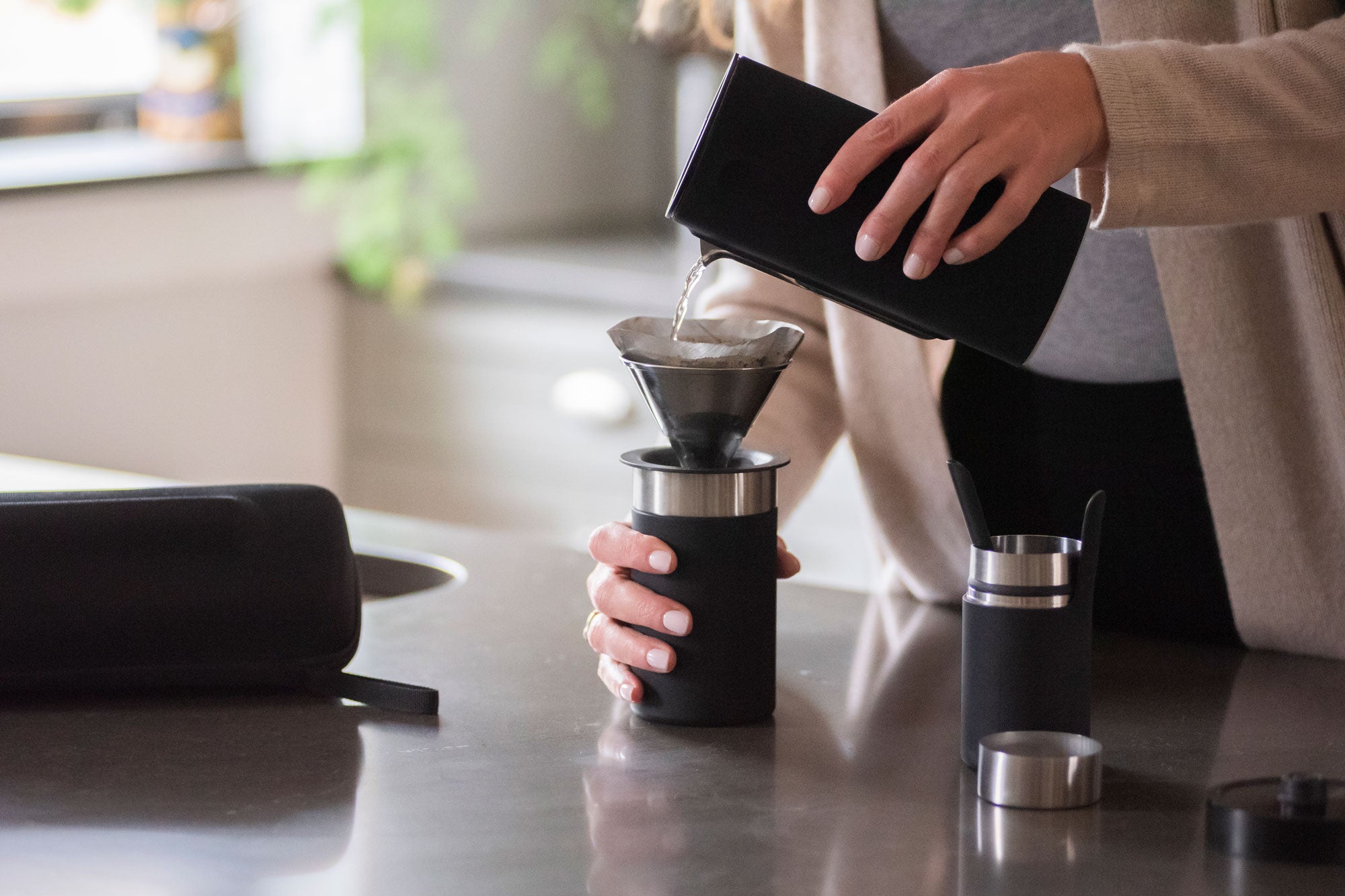 brewing pour over coffee with the pakt coffee kit