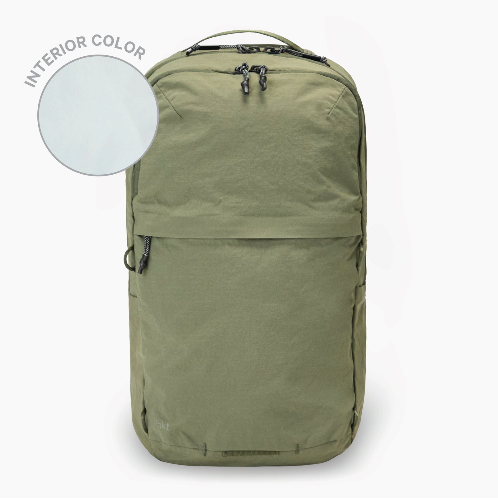 Pakt. travel backpack, cypress green front view with zippered pocket and interior color swatch labeled INTERIOR COLOR