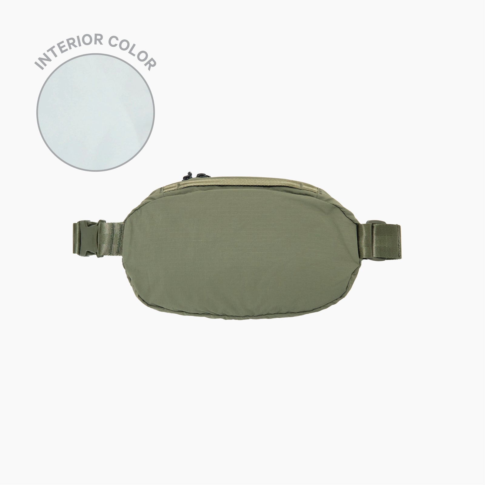 Top-down view of Stash Packable Sling 4L in cypress showing zipper, side buckle straps, and an 'Interior color' inset on white background