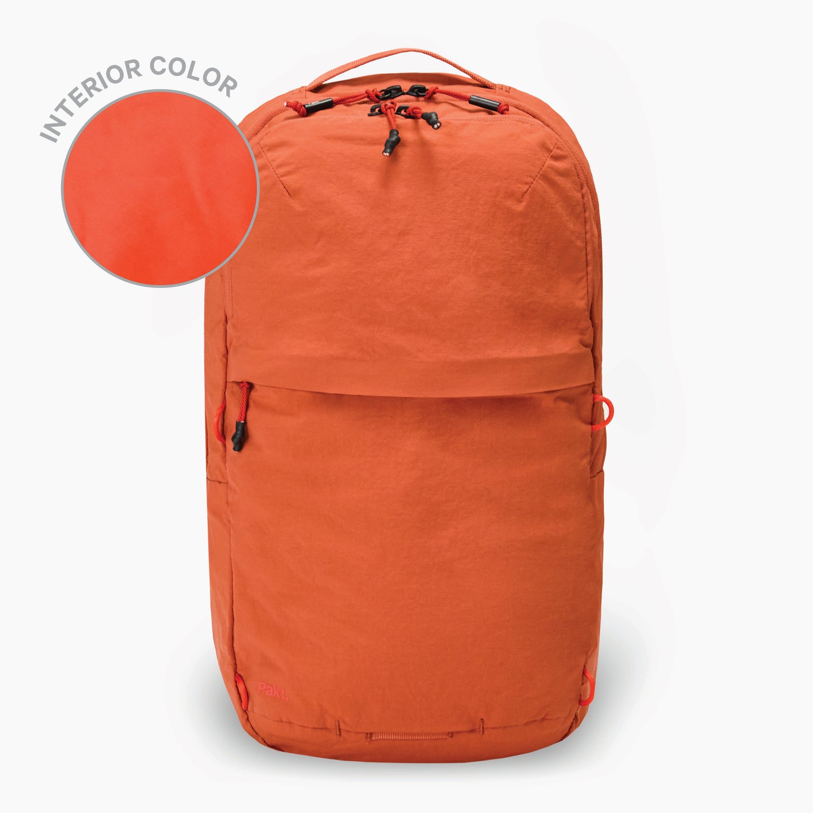 The Stash 16L Packable Backpack in Sumac on a white background. To the left there is a circular swatch showing the interior color of Sumac.