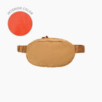 Tan packable sling bag shown flat, with red interior color swatch labeled INTERIOR COLOR.