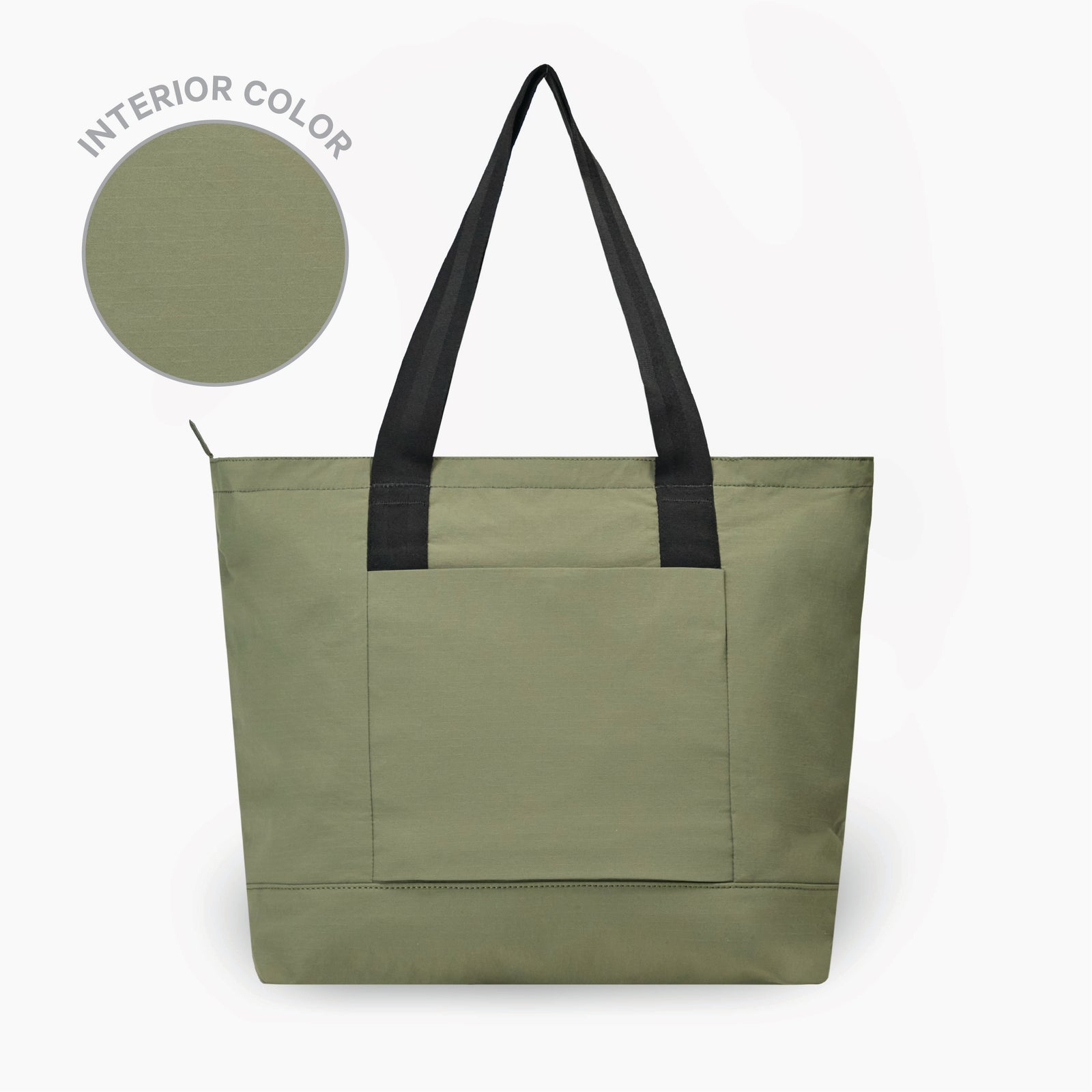 Front view of Stash Packable Tote 20L in Cypress with black handles, front pocket, and INTERIOR COLOR swatch