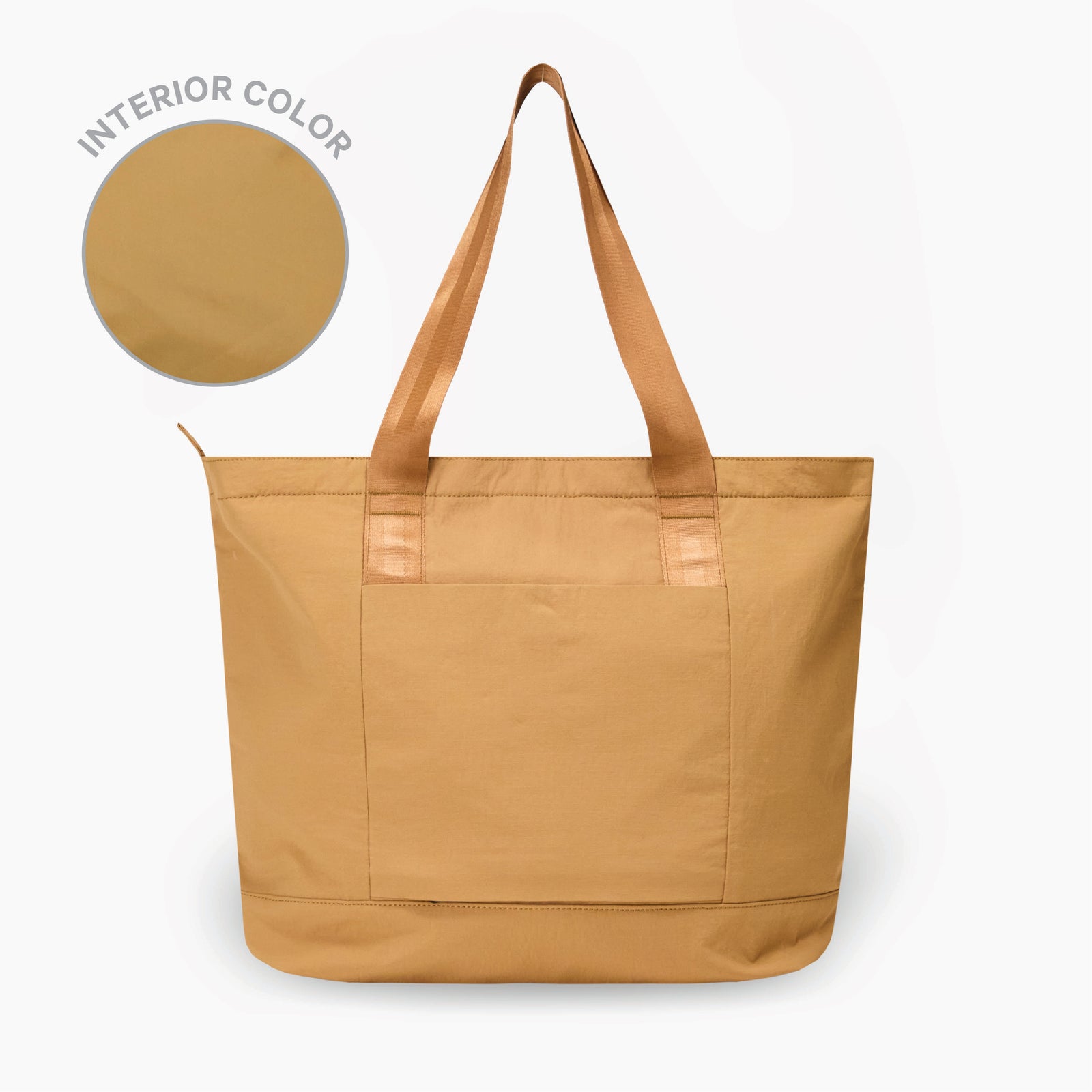 Front view of Stash Packable Tote 20L in Mojave showing front slip pocket and long handles with ‘INTERIOR COLOR’ swatch on white background