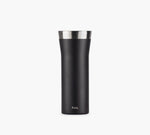Black insulated travel tumbler with stainless-steel rim and small Pakt. logo near base.