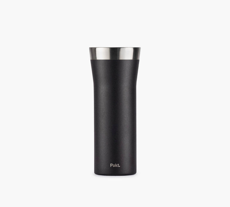 Black insulated travel tumbler with stainless-steel rim and small Pakt. logo near base.