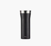 Front view of 16oz black leakproof travel mug with stainless-steel rim, matte finish, and Pakt logo on white background