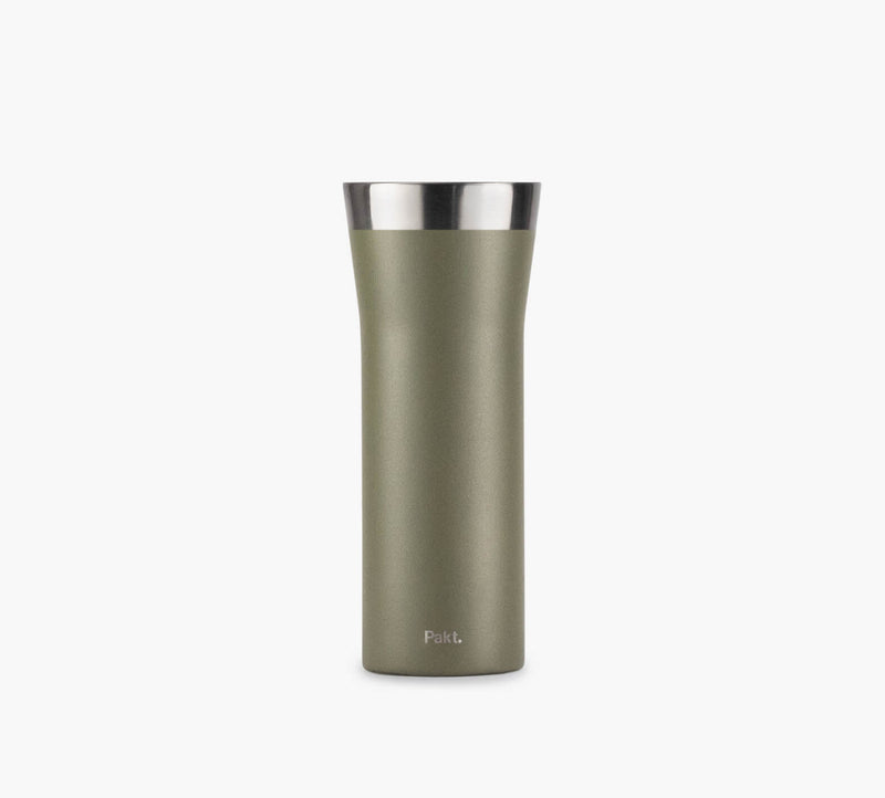 Insulated olive-green stainless steel travel tumbler with tapered top and brushed steel rim.