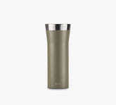 Insulated olive-green stainless steel travel tumbler with tapered top and brushed steel rim.