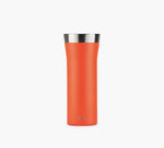Orange stainless-steel insulated travel tumbler with silver rim