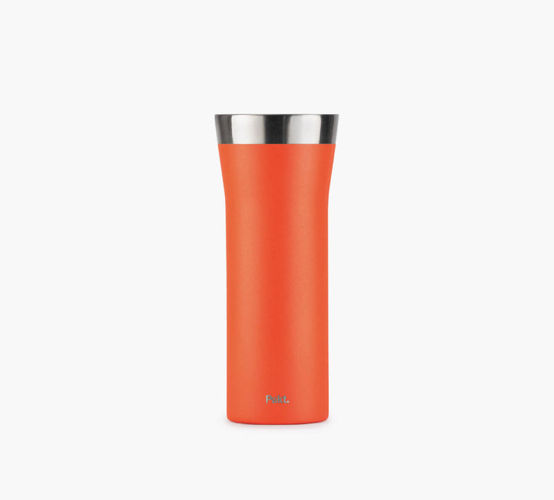 Orange stainless-steel insulated travel tumbler with silver rim