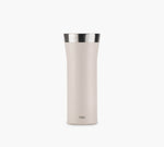 Beige slim insulated travel tumbler with stainless-steel rim and small logo near base.