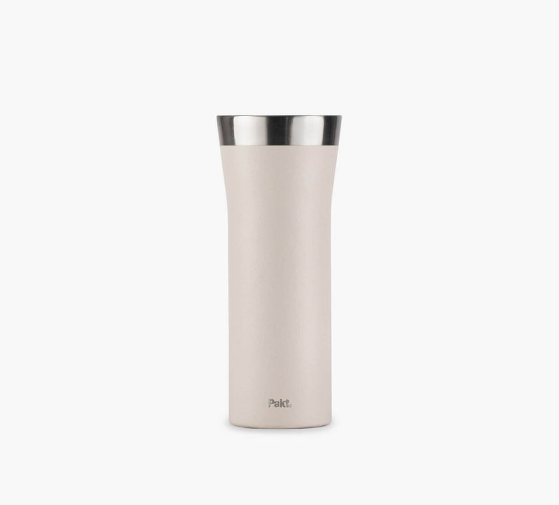 Beige slim insulated travel tumbler with stainless-steel rim and small logo near base.